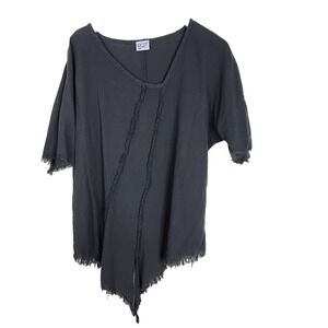 OH MY GAUZE Shirt Womens OS Gray Asymmetrical Hem Fringe Boho Top Lagenlook